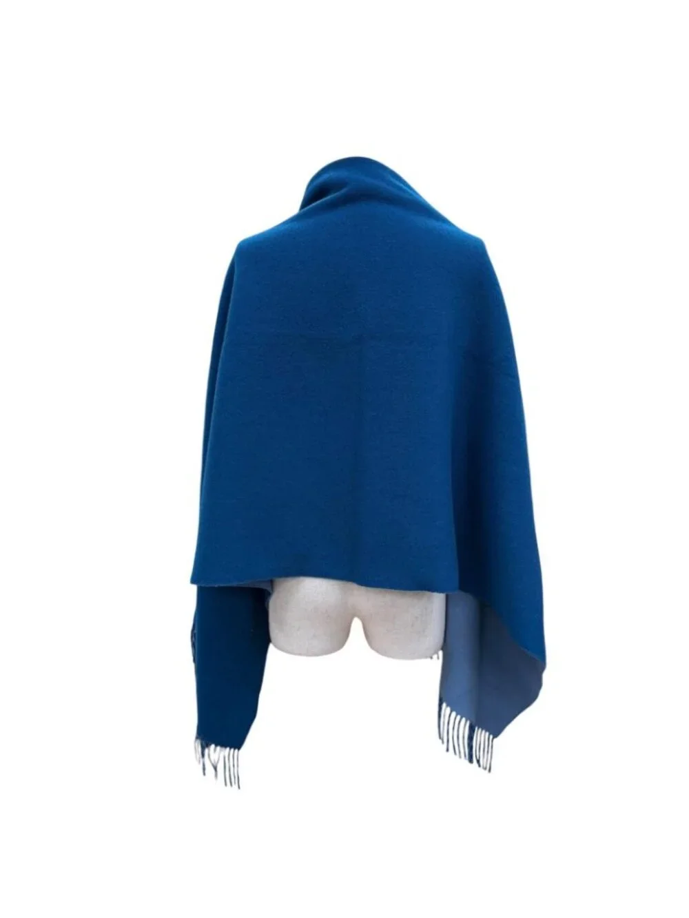 Hermes Cashmere Logo Embroidery Bicolor with Fringe Large Scarf Shawl Blue